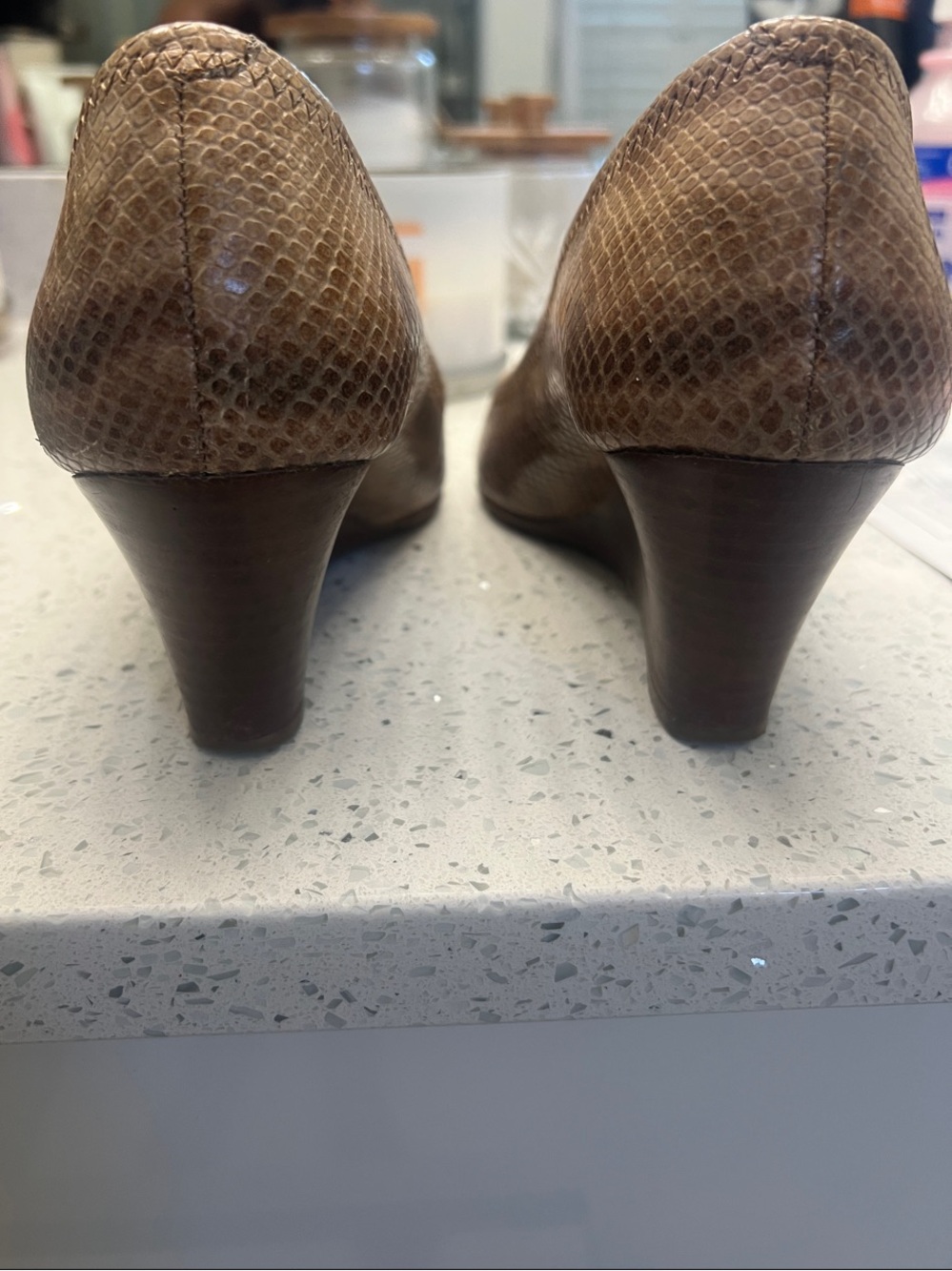 Tory Burch Metallic Bronze Peep-Toe Logo Heels - Picture 3 of 5